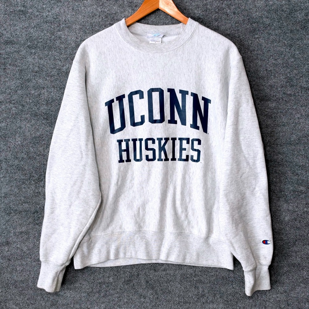 Vintage Champion Reverse Weave UConn Huskies Sweatshirt Gray Medium Streetwear
